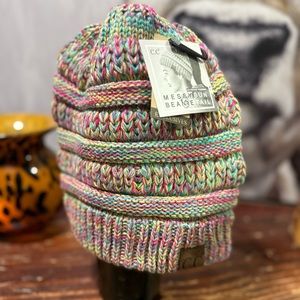 C.C Beanie Tail Ponytail Messy‎ Bun Ribbed Knit multicolor Beanie Hat